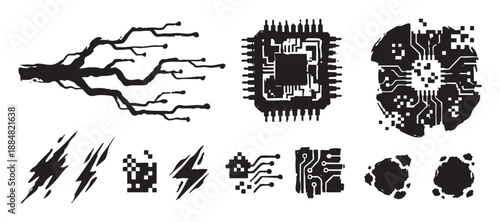 Collection of black grunge technology icons featuring abstract cyberpunk elements like a distressed circuit board, pixelated glitches, and a futuristic bio-tech tree branch illustration