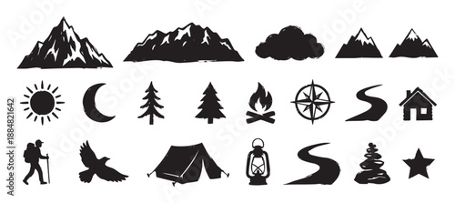 Set of black hand-drawn icons for camping, hiking, and outdoor adventure themes, featuring mountains, trees, a tent, and a campfire in a rustic brush stroke style