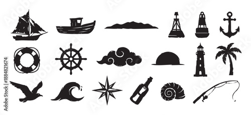 Set of black nautical themed icons in a rough, hand-drawn stamp style, featuring a sailboat, anchor, lighthouse, ship's wheel, and other maritime and sea travel symbols