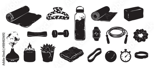 Black hand-drawn fitness and wellness icon set showing a yoga mat, dumbbell, water bottle, and candle, representing a healthy lifestyle and self-care routine