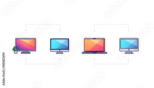 Cloud icon, wifi, and sync four computer monitors and laptop with colorful screens connected by lines