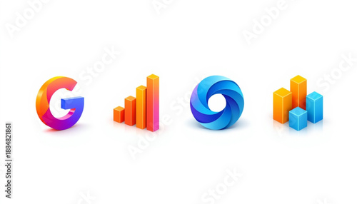 Cloud icon, wifi, and sync colorful 3d google analytics logo made of bars and graphs