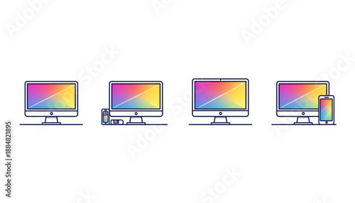 Cloud icon, wifi, and sync vector illustration of various computer monitors and devices with colorful screens