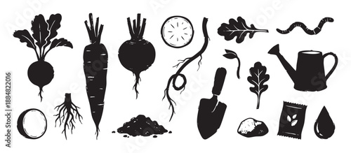 Set of black gardening silhouette icons including vegetables like carrots and beets, tools, soil, and a worm, all rendered in a rustic, hand-drawn, block print art style