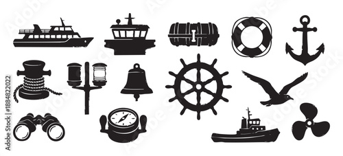 Collection of black nautical silhouette icons including a ship, anchor, helm, and compass in a rustic, hand-drawn stamp style for maritime and sea travel concepts