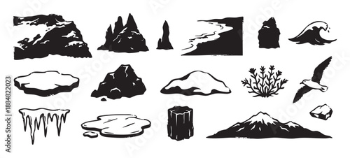 Set of hand-drawn monochrome nature elements including a mountain, iceberg, ocean wave, flying bird, and rocky cliff formations in a bold silhouette illustration style