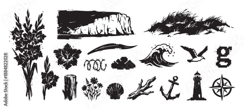 Collection of black grunge style icons featuring nautical and floral elements like a lighthouse, wave, anchor, and gladiolus flowers in a distressed linocut print aesthetic