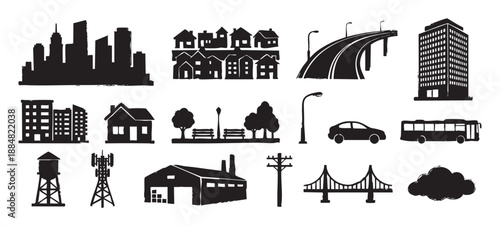 Collection of black urban silhouette icons featuring city buildings, transport, and infrastructure elements in a hand-drawn, grunge stamp style vector graphic illustration set