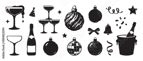Set of black textured party icons with a grunge stamp effect, including champagne glasses, holiday ornaments, a festive hat, a bottle in a bucket, confetti, and stars