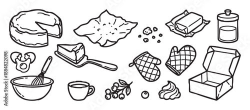 Hand-drawn baking and dessert doodle illustrations featuring a cake, mixing bowl, oven mitts, and ingredients like eggs and butter in a minimalist black line art style