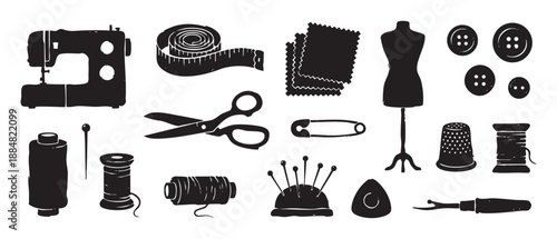 Collection of black sewing and tailoring tool silhouettes including a sewing machine, scissors, thread, and mannequin, rendered in a graphic, hand-drawn woodcut style