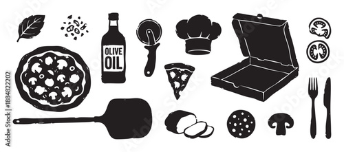Black and white pizza making icon set with ingredients, tools, and a chef hat in a rustic hand-drawn linocut style for pizzeria menu design or food branding concepts
