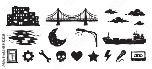 Set of black grunge style icons featuring a city building, bridge, cargo ship, skull, heart, and cassette tape, illustrated with a rough, hand-drawn, stamp texture