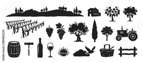 Collection of black hand-drawn silhouettes related to winemaking, vineyards, and rural farm life, featuring grapes, a tractor, a bottle, and a barrel in a rustic stamp style