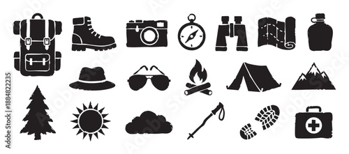 Set of black hand-drawn hiking icons featuring a backpack, tent, compass, and campfire in a grunge stamp style for outdoor adventure, travel, and exploration concepts