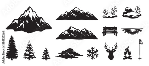 Collection of black hand-drawn winter icons featuring mountains, pine trees, a deer head, campfire, and snowflake in a rustic, grunge stamp style illustration set