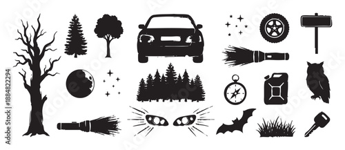 Collection of black grunge style icons for a night road trip, including a car, forest, moon, owl, bat, and flashlight, rendered in a hand-drawn stamp effect