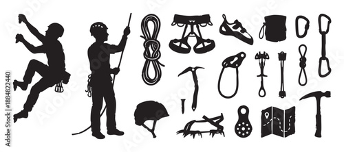 Collection of black silhouette icons for rock climbing and mountaineering, featuring climbers and essential gear like ropes, harnesses, carabiners, and ice axes