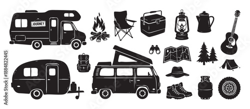 Set of black and white camping and road trip illustrations featuring a motorhome, trailer, van, tent, campfire, and other outdoor adventure equipment in a rustic hand-drawn style