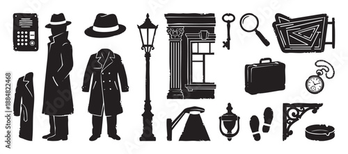 Collection of black detective noir icons featuring a spy, trench coat, fedora, magnifying glass, and other vintage investigation elements in a graphic silhouette style