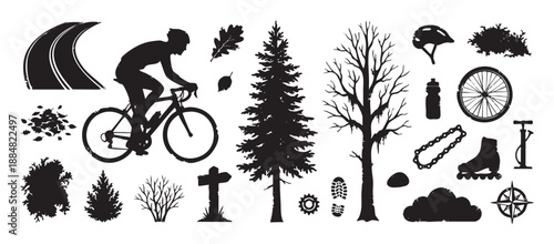 Set of black outdoor adventure silhouettes including a cyclist on a bicycle, pine tree, road, helmet, and other nature and sport icons with a distressed, graphic stamp effect