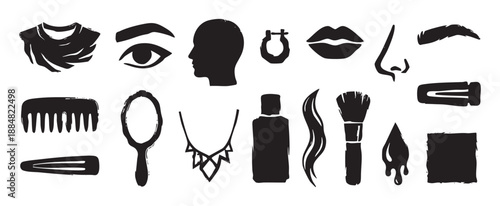 Set of hand-drawn black beauty and fashion icons with a rough stamp texture, featuring a human profile, makeup brush, comb, mirror, and jewelry in a graphic collection