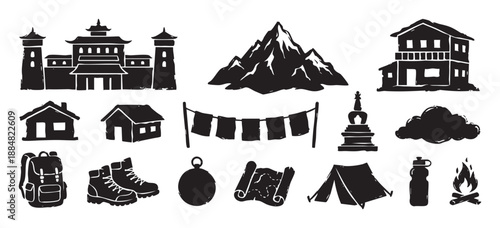 Set of black hand-drawn travel icons for hiking and trekking in a mountainous region, including a monastery, mountain, tent, backpack, boots, and map in a rough, stamp-like style