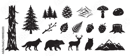 Set of black forest animal and plant silhouettes including a bear, deer, wolf, owl, pine tree, and mushroom in a rustic, hand-drawn illustrative style