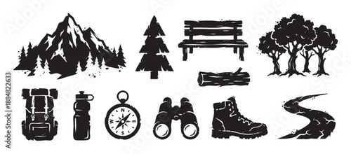 Collection of black hiking and camping icons including a mountain, backpack, compass, and boot in a rough, textured silhouette style for outdoor adventure concepts