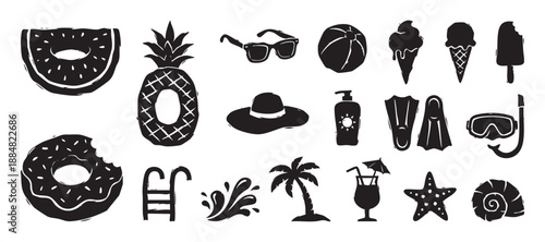Set of black hand-drawn summer icons with a distressed texture, including a pineapple, ice cream, sunglasses, palm tree, seashell, and inflatable donut for vacation concepts