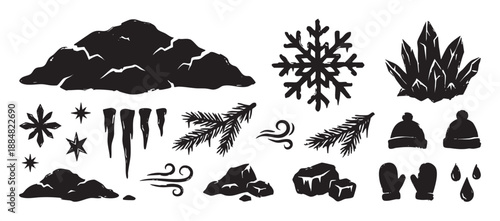 Collection of black winter themed silhouettes featuring a snowdrift, icicles, snowflake, pine branch, and mittens in a hand-drawn, graphic linocut or woodcut illustration style