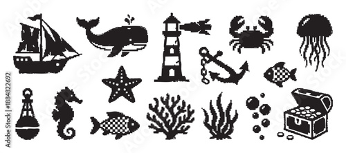 Collection of black pixelated nautical icons including a ship, whale, lighthouse, crab, and treasure chest in a retro 8-bit video game style illustration set