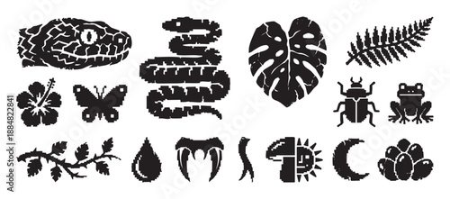 Set of black pixelated grunge icons featuring jungle animals and tropical plants like a snake, frog, butterfly, monstera leaf, and hibiscus flower in a retro 8-bit style