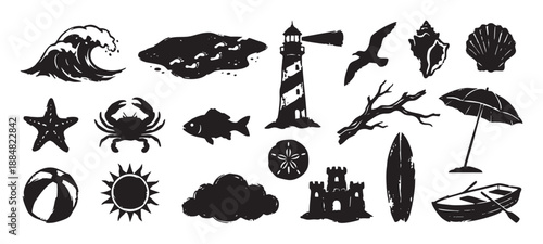 Black linocut style beach and ocean icons featuring a lighthouse, crab, starfish, wave, sandcastle, boat, and other summer holiday symbols in a graphic collection