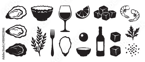 Set of black hand-drawn seafood icons with oysters, shrimp, wine, lemon, and ice cubes in a minimalist graphic brush stroke style