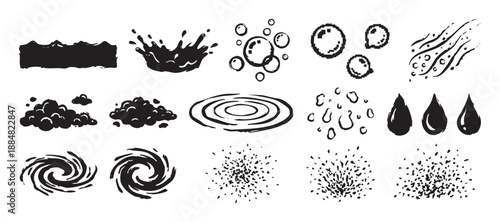 Set of hand-drawn black water icons showing various liquid forms like splashes, drops, bubbles, ripples, and swirls in a graphic, illustrative doodle style