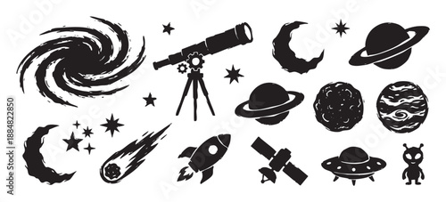 Collection of black grunge space icons featuring a rocket, alien, planet, telescope, galaxy, and stars in a hand-drawn stamp style illustration for astronomy and science fiction themes