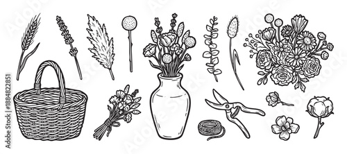 Hand-drawn black and white floral elements set with a wicker basket, vase, bouquet, secateurs, and various dried flowers like lavender, wheat, and cotton in a rustic doodle style