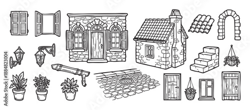 Hand-drawn collection of old town building elements including a stone cottage, facade, windows with shutters, and street lamps, presented as a monochrome doodle illustration set