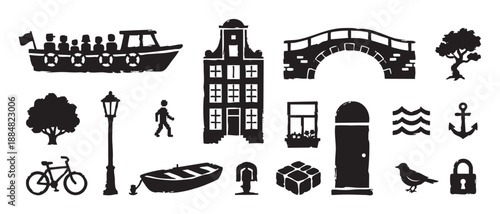 Set of black silhouette icons depicting European city life with a canal boat, gabled house, bridge, bicycle, and other urban elements in a rough, stamped graphic style