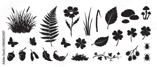Set of black nature silhouettes featuring various forest and meadow elements like plants, flowers, insects, mushrooms, and leaves in a graphic, distressed stamp style illustration
