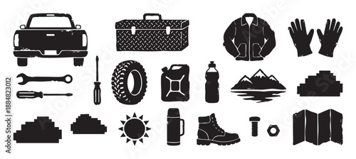 Collection of black silhouette icons for off-roading, adventure, and repair, including a truck, tools, tire, and camping gear in a rustic hand-drawn linocut style