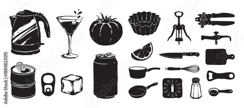 Set of hand-drawn kitchen and food icons featuring cooking utensils, drinks, and ingredients in a bold black and white graphic linocut print style
