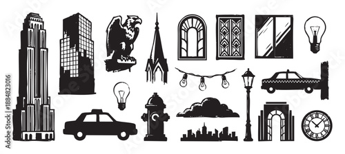 Collection of black urban-themed illustrations in a retro linocut style, featuring an art deco skyscraper, taxi cab, eagle gargoyle, and various city life elements