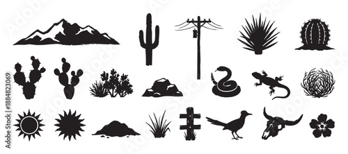 Set of black desert wildlife and landscape silhouette icons including a cactus, snake, lizard, mountain, sun, and bull skull, rendered in a rustic, hand-drawn graphic style