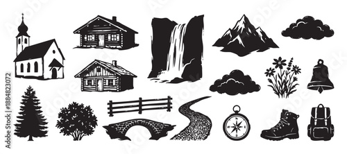 Collection of black mountain hiking icons in a rustic hand-drawn woodcut style, featuring a log cabin, waterfall, church, backpack, compass, and other nature elements
