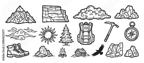 Hand-drawn set of black line art icons for outdoor adventure, hiking, and camping themes, including mountains, backpack, compass, and boots in a vintage doodle style