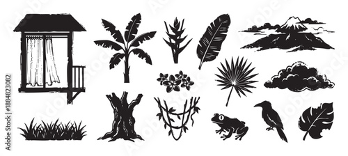 Collection of black tropical jungle elements in a grunge stamp style, featuring a hut, volcano, palm tree, frog, bird, exotic flowers, and other nature icons for design