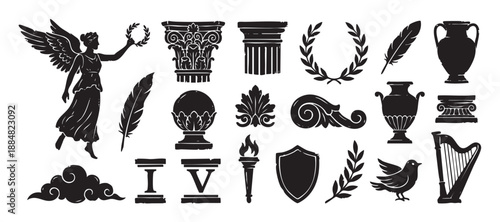 Collection of ancient Greek and Roman symbols including a winged goddess, columns, laurel wreath, and amphora, rendered as black silhouettes with a classic, hand-drawn texture