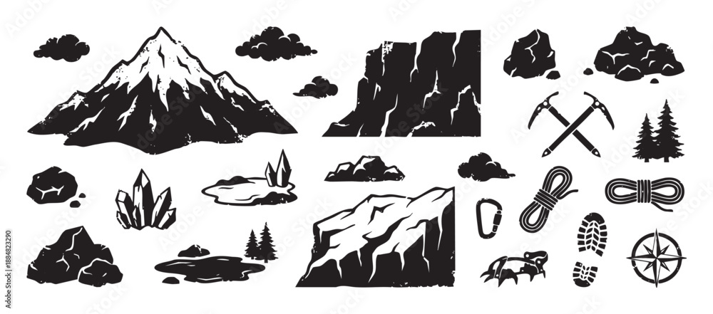 Fototapeta premium Black and white icon set of mountain climbing and hiking gear with nature elements like peaks, rocks, and trees in a distressed, rustic vector illustration style